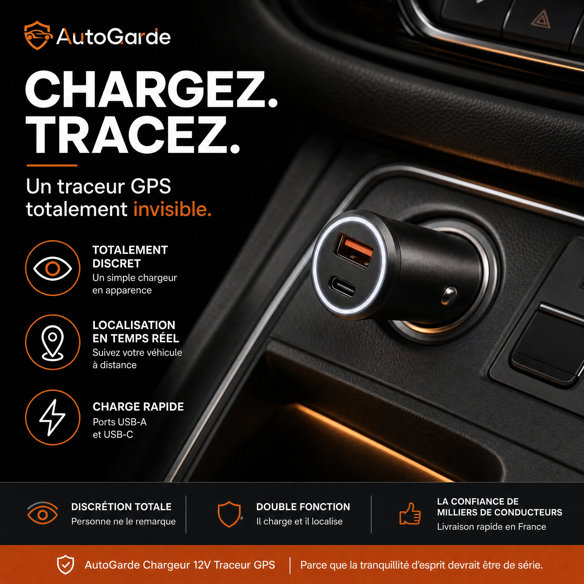 Chargeur 12V avec Traceur GPS — visuel principal